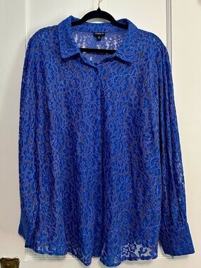 Torrid Royal Blue Floral Lace Button-Down Blouse (3X)